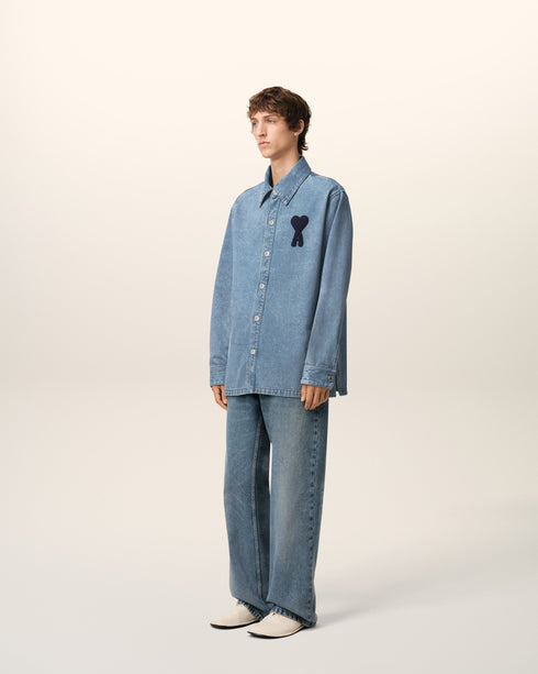 AMI PARIS Blue Cotton Ami de Coeur Overshirt Mens Apparel